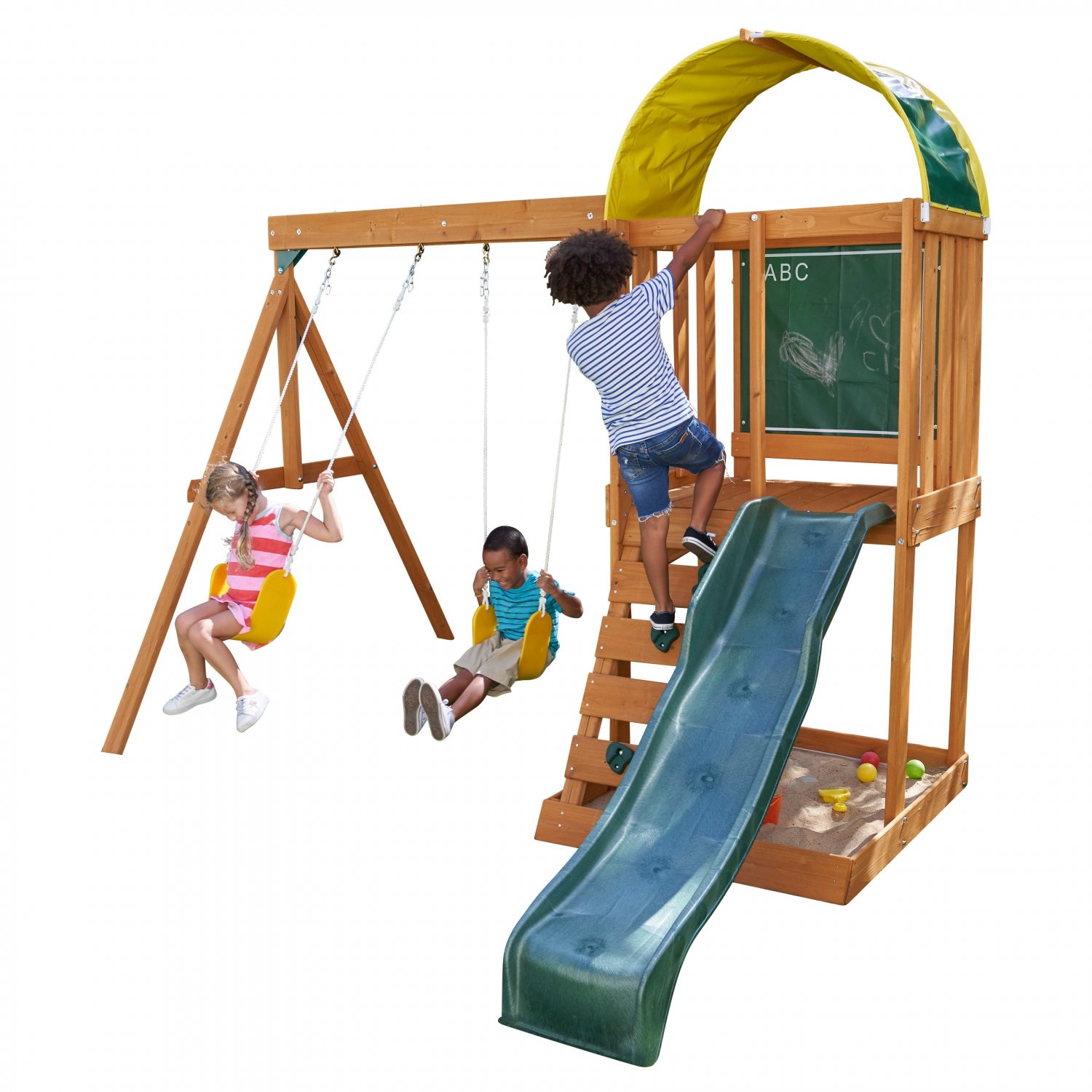 KidKraft Ainsley Wooden Outdoor Swing Set with Slide, Chalk Wall ...