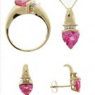Trillion Pink Topaz and Diamond Gold Ring Earrings Pendant Set