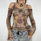 y2k Grunge Mesh T-shirt/ Off Shoulder Vintage Print Crop Top/ Long Sleeve Women Chic Summer Shirts