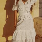 Summer New Women's Casual Puff Sleeve V-Neck White Belt Hollow Embroidery Dress