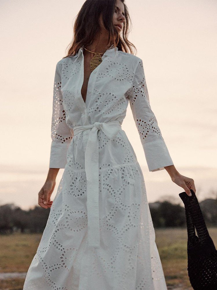 White Summer New Fashion Chic Long Sleeve Lapel Bow Knot Belt Cotton Embroidery Mid Length Dress