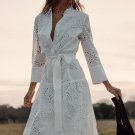 White Summer New Fashion Chic Long Sleeve Lapel Bow Knot Belt Cotton Embroidery Mid Length Dress