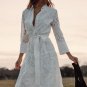 White Summer New Fashion Chic Long Sleeve Lapel Bow Knot Belt Cotton Embroidery Mid Length Dress
