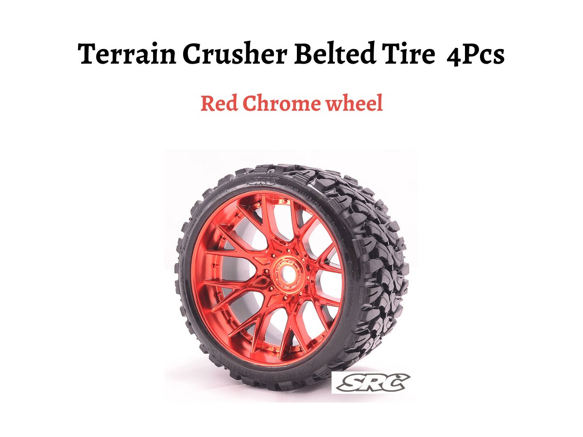 Sweep Racing SRC C1004RC Truck Terrain Crusher Belted Tire Red Chrome Wheel 4pc