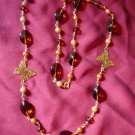 Amber stone and pearls with gold filigree butterfly necklace