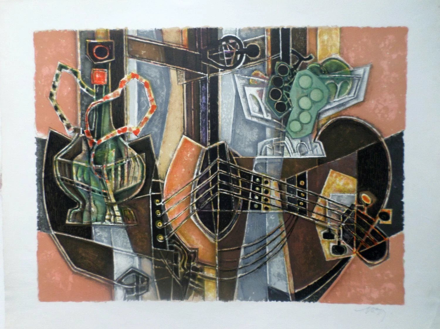 A. MICHEL TABARD "CUBIST STRINGED INSTRUMENT / HOOKAH" Signed Lithograph