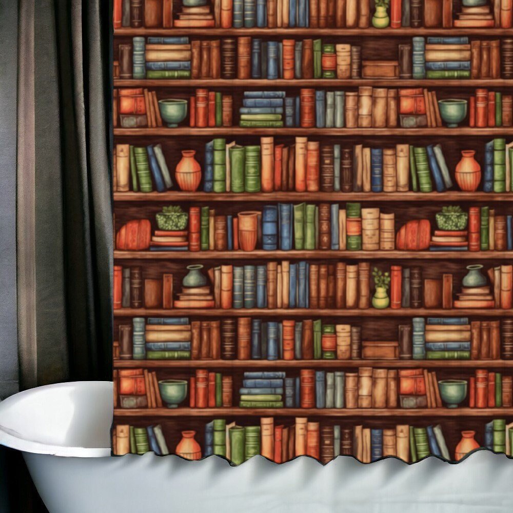Dark Academia spell bookshelf library Bath curtain, Bookworm book lover