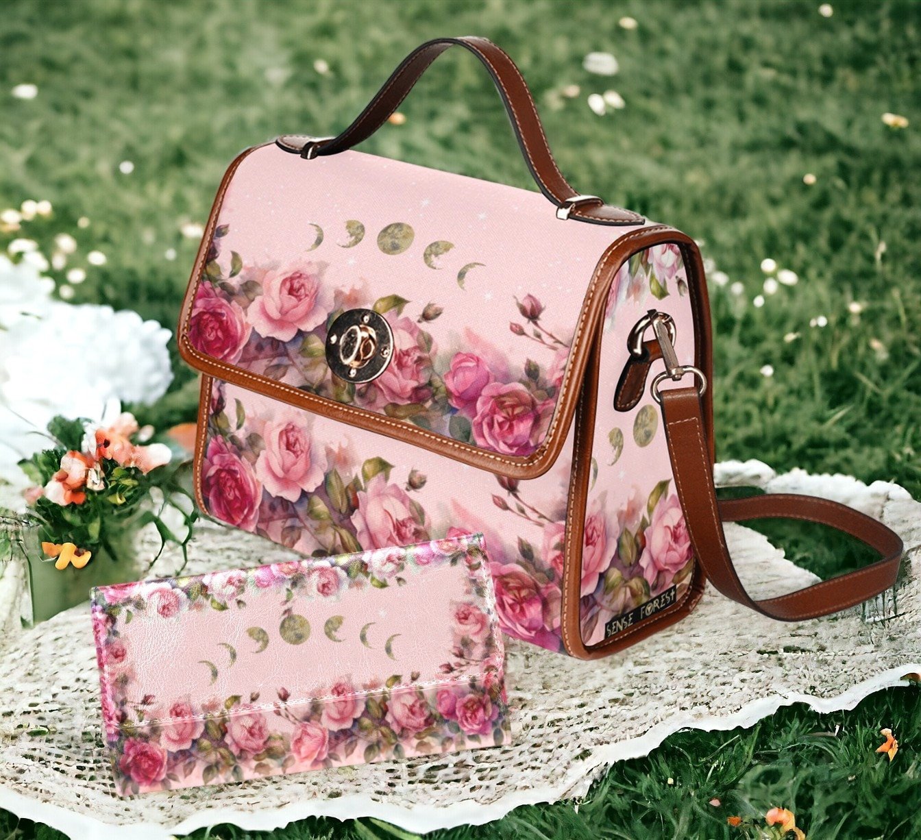 Cherry Pink Roses Moon Canvas Satchel Bag French Pastel Floral Crossbody Purse Boho 2306