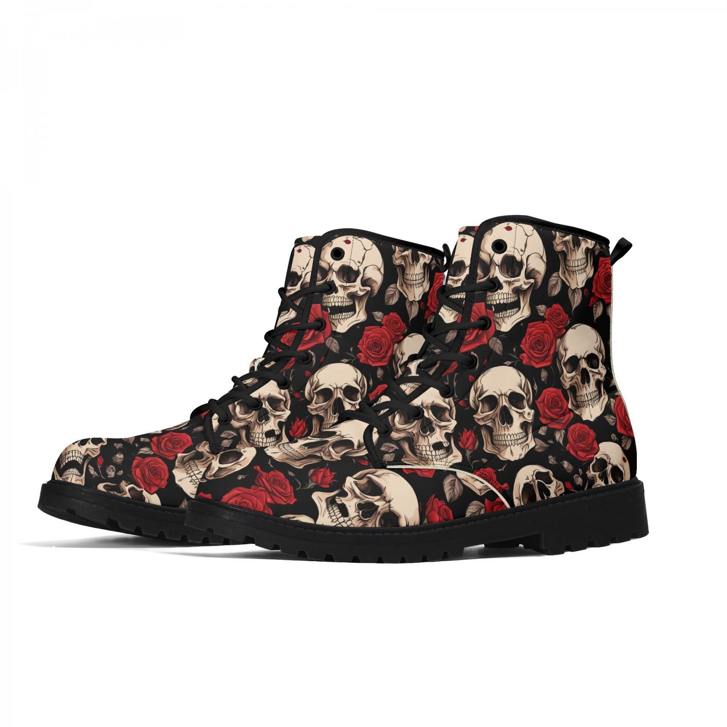 Goth Skulls And Red Roses Combat Boots, Men's Women's Lace Up Gothic Boots