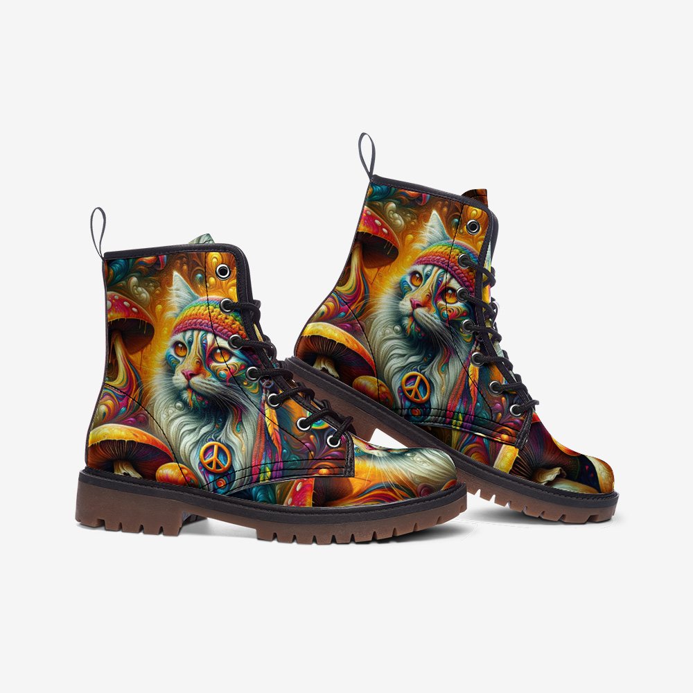 Hippie Cat & Mushroom Vegan Leather Combat Boots