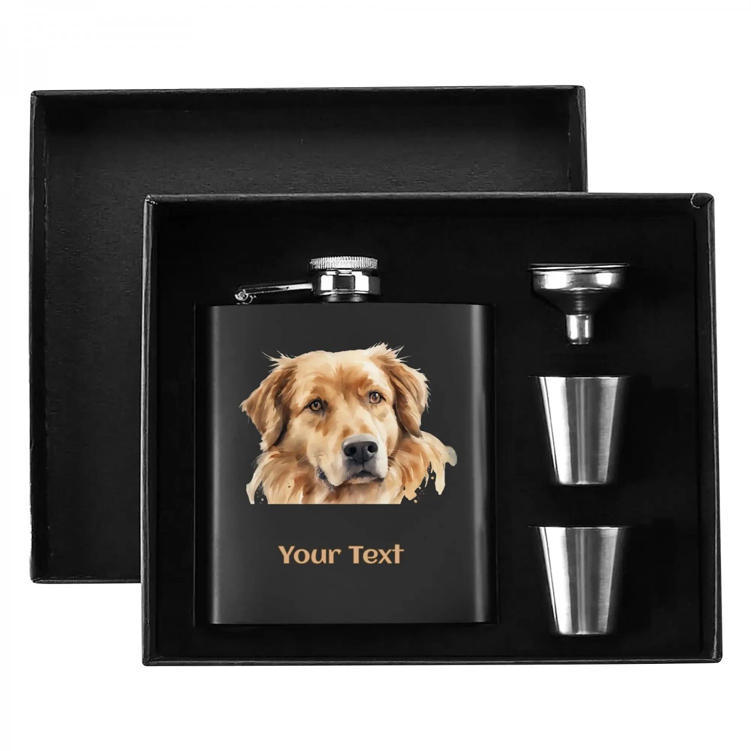 DME Personalized Dog Breed Hip Flask Set - 7oz Black Stainless Steel with Deluxe Gift Box