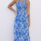 Blue Floral Print Smocked Criss Cross Tie Back Midi Dress