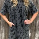 Gray Vintage Washed Leopard T Shirt Dress with Pockets