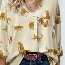 Effortlessly Chic Apricot Leopard Blouse: Flowy V-Neck & Statement Tab Sleeves