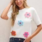 Dreamy White Floral Appliqué Sweater: Feminine Short Sleeve Comfort