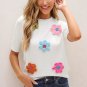 Dreamy White Floral Appliqu&Atilde;&copy; Sweater: Feminine Short Sleeve Comfort