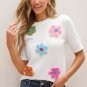 Dreamy White Floral Appliqu&Atilde;&copy; Sweater: Feminine Short Sleeve Comfort