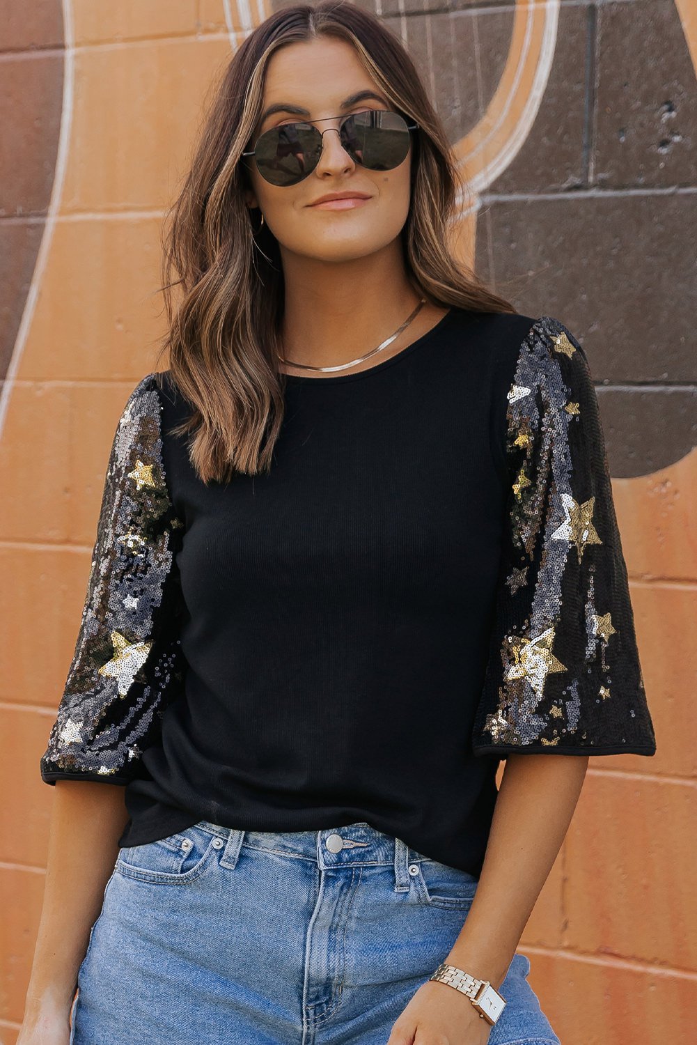 Midnight Galaxy Top: Sequin Star Puff Sleeves & Luxe Knit Contrast