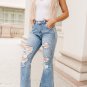 Sky Blue Light Wash Distressed High Rise Flare Jeans