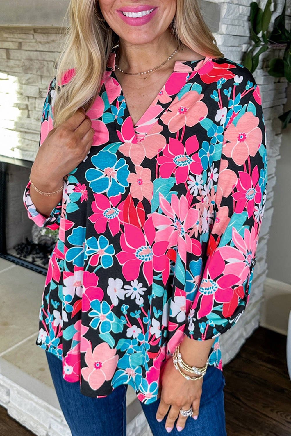 VIP Floral Print V-Neck Roll Tab Sleeve Blouse