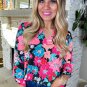 Pink Floral V Neck Roll Tab Sleeve Blouse
