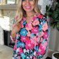 Pink Floral V Neck Roll Tab Sleeve Blouse
