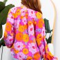 Rose Floral Print Flounce Sleeve Notched Neck Blouse