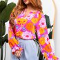 Rose Floral Print Flounce Sleeve Notched Neck Blouse