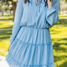 Light Blue V Neck Long Sleeve Ruffle Tiered Mini Dress