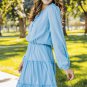 Light Blue V Neck Long Sleeve Ruffle Tiered Mini Dress