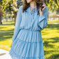Light Blue V Neck Long Sleeve Ruffle Tiered Mini Dress