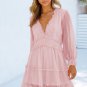 Pink Layered Ruffled Open Back Puff Sleeve Swiss Dot Mini Dress