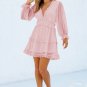 Pink Layered Ruffled Open Back Puff Sleeve Swiss Dot Mini Dress
