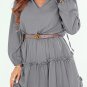 Gray V Neck Long Sleeve Ruffle Tiered Mini Dress