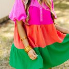 Multicolor Color Block Tiered Puff Sleeve Dress