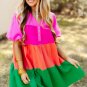 Multicolor Color Block Tiered Puff Sleeve Dress