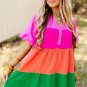 Multicolor Color Block Tiered Puff Sleeve Dress