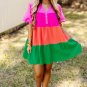 Multicolor Color Block Tiered Puff Sleeve Dress