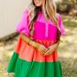 Multicolor Color Block Tiered Puff Sleeve Dress