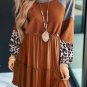 Brown Waffle Knit Leopard Patchwork Long Sleeve Dress