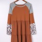 Brown Waffle Knit Leopard Patchwork Long Sleeve Dress