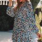 Blue Leopard Print Bubble Sleeve Ruffled Shirt Dress