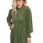 Moss Green Frilled Neck Smocked Bodice Velvet Dress