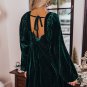 Green Tie Back Square Neck Velvet Babydoll Dress