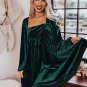 Green Tie Back Square Neck Velvet Babydoll Dress
