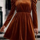 Chestnut Velvet Frilled Neck Gigot Sleeve Swing Dress