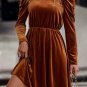 Chestnut Velvet Frilled Neck Gigot Sleeve Swing Dress