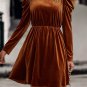 Chestnut Velvet Frilled Neck Gigot Sleeve Swing Dress