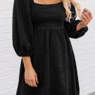Black Suede Square Neck Puff Sleeve Dress