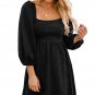 Black Suede Square Neck Puff Sleeve Dress